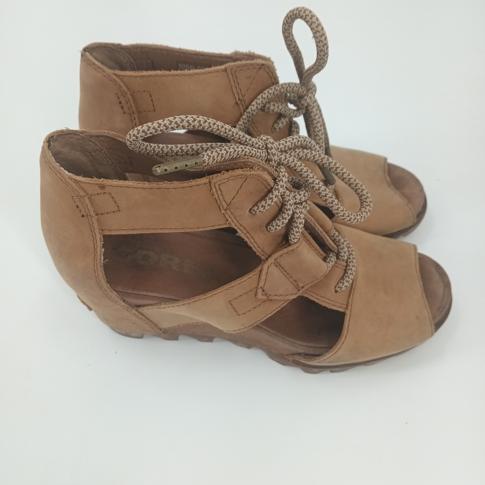 Sorel Joanie ll Lace Tan up Leather Wedge Sandals Open Toe NL2914-224 Sz 8.5